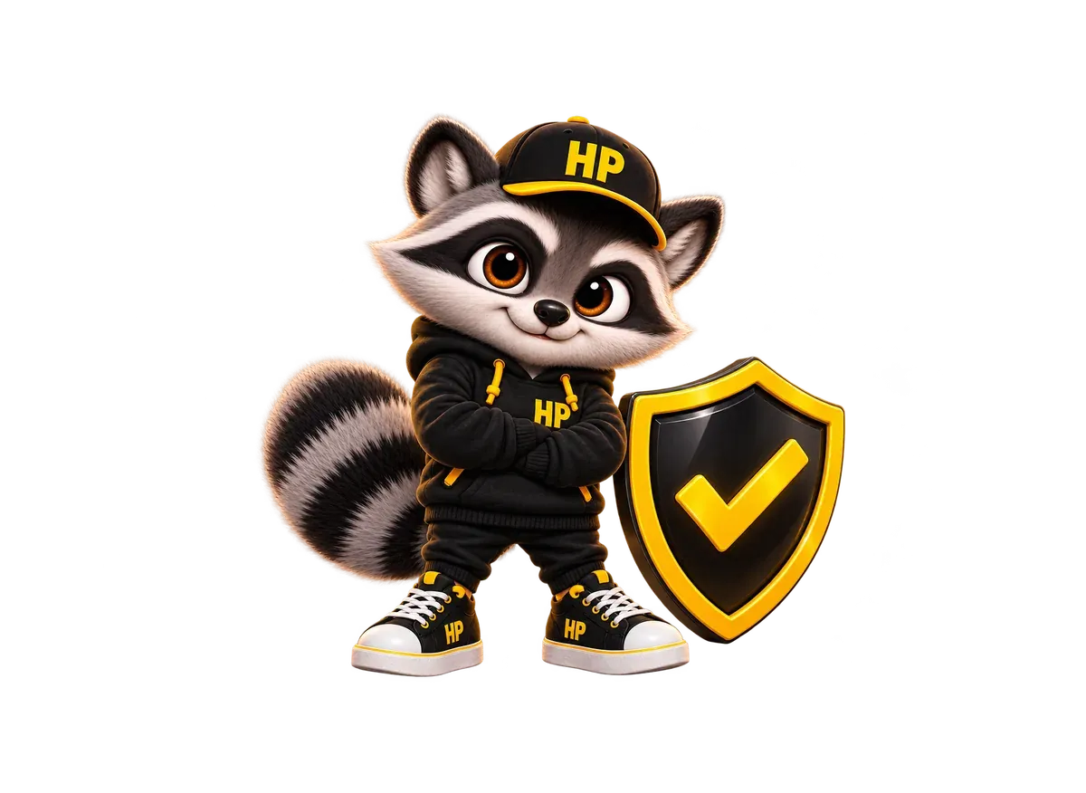 Der HeyPlate-Waschbär mit einem Schild und einem Haken